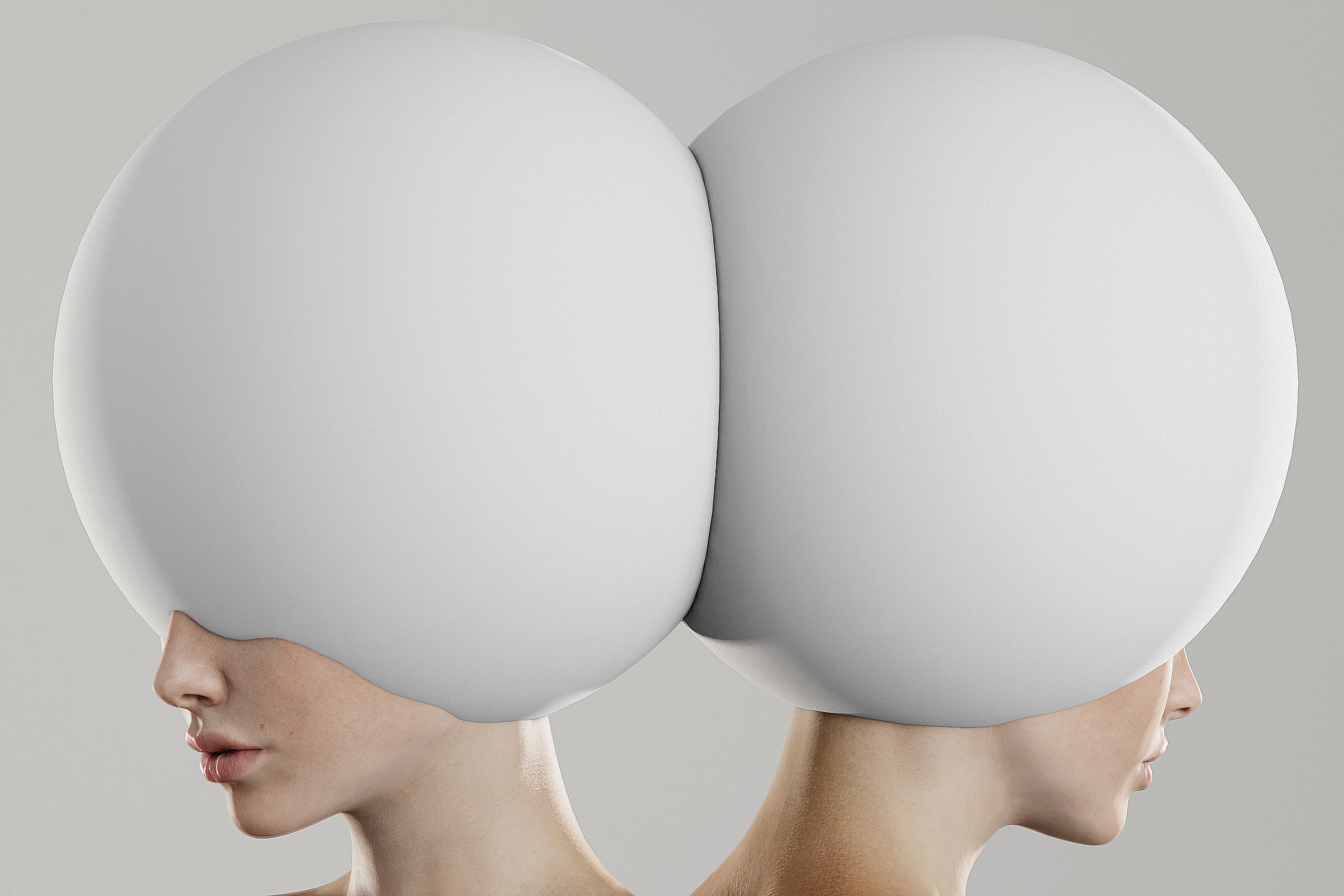 photo: two women wearing futuristic white balloon hats; symbolic for project: Digital Fashion Roundtables